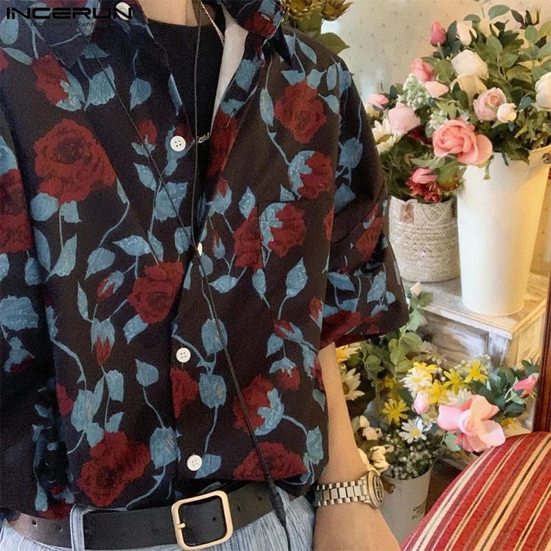 INCERUN Мужские винтажные рубашки с отложным воротником и цветочным принтом, топы с короткими рукавами