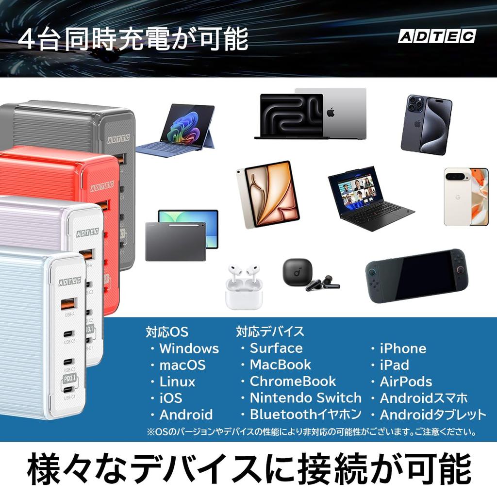 ADATA 150W Single 140W 4 Ports X 4 Supports Simultaneous Power Supply for 2 Fast Total, Black, PD3.1, Charger, (USB-C + USB-A), GaN, Computers,