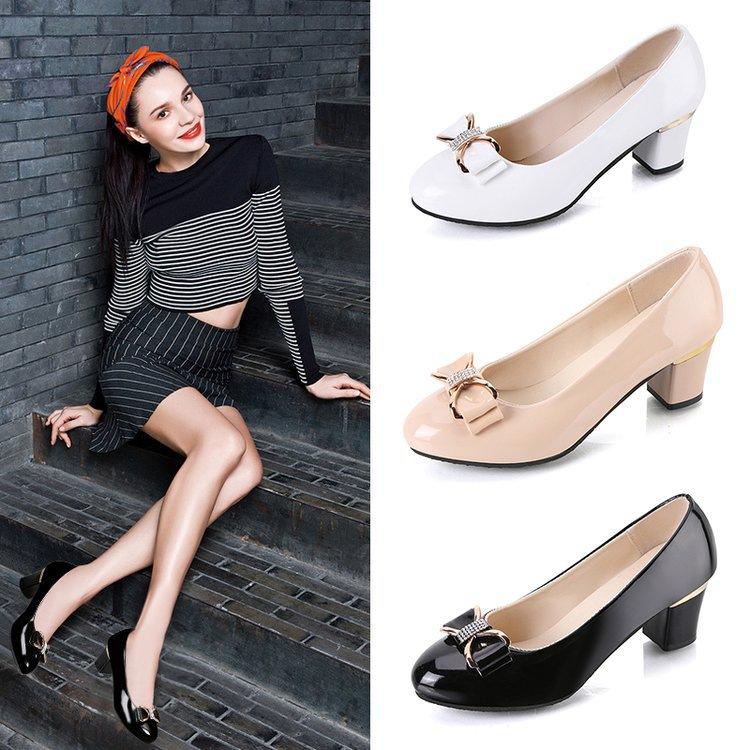 High-heeled rhinestone women's shoes spring high-heeled women's 2026 new shallow-mouth bow leather shoes single shoes professional shoes