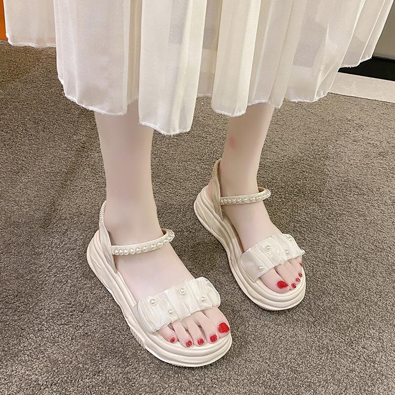 Римские сандалии на толстой подошве женские летние новые фея ветер жемчужные с открытым носком на плоской подошве ins tide повседневная пляжная обувь