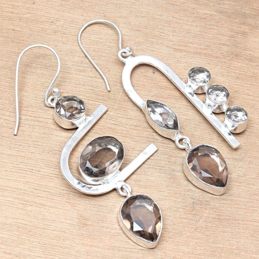 Smoky Quartz Gemstone Handmade Gift For Her Silver Jewelry Earrings 2.5"