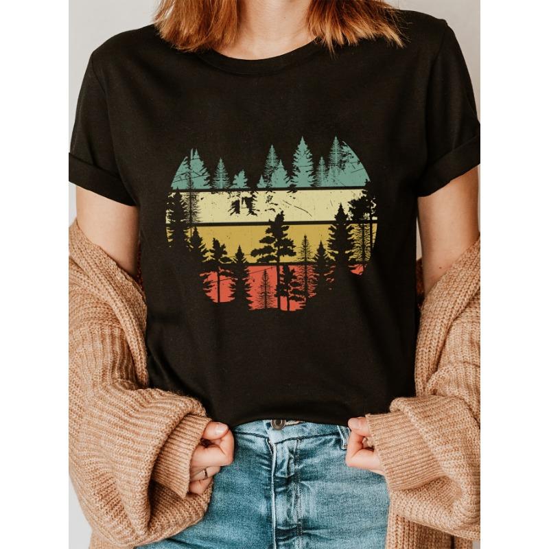 Европейские размеры Повседневная футболка с принтом букв в стиле Natural Vintage Forest Fashion, с коротким рукавом и круглым вырезом, для лета и весны, Женская одежда