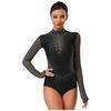 Womens Gymnastics Figure Skating Leotard Long Sleeve Sheer Mesh Sparkle Rhinestone Bodysuit