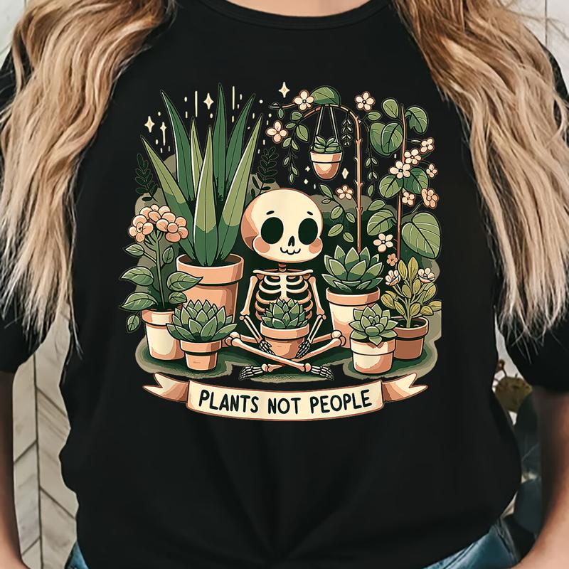 Chic Skull Potted Plant T Shirt For Unisex Casual Crew Neck Top