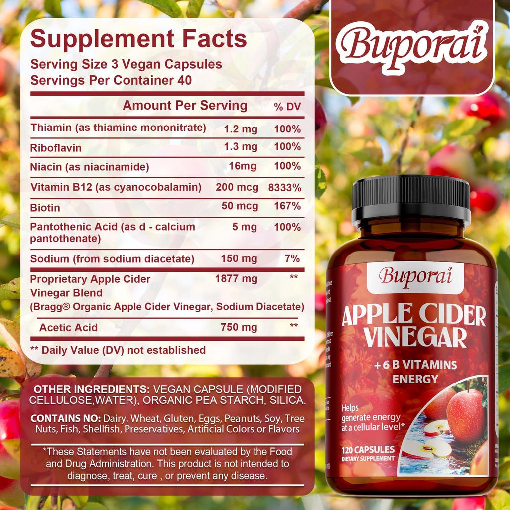 Apple cider vinegar complex capsules, combined with vitamin B12 and niacin, aids in weight management, provides energy, suitable for adults.