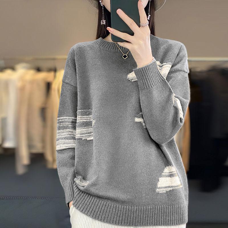 Женский свитер с круглым вырезом, свободный вязаный свитер с цветными блоками для мам на осень и зиму, топ с длинными рукавами