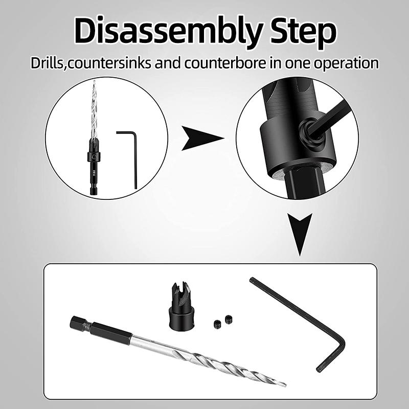 Набор сверл с конической зенковкой из быстрорежущей стали, набор сверл с шестигранным хвостовиком 1/4 дюйма, столярная развертка с шестигранным хвостовиком, стопорные втулки, сверло для винтовых отверстий, фаска, деревообрабатывающие инструменты