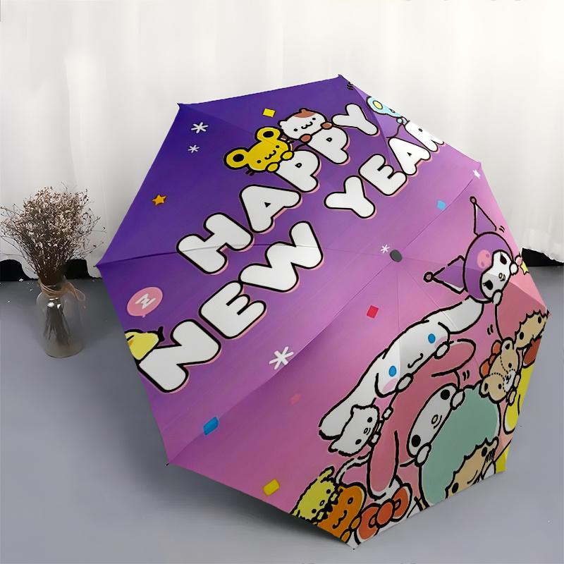 1pc Hello Kitty Happy New Year! Automatic Opening/Closing Umbrella with Convenient Three-Fold Design, 8-Bone Iron Frame Outdoor Umbrella, Perfect Gift