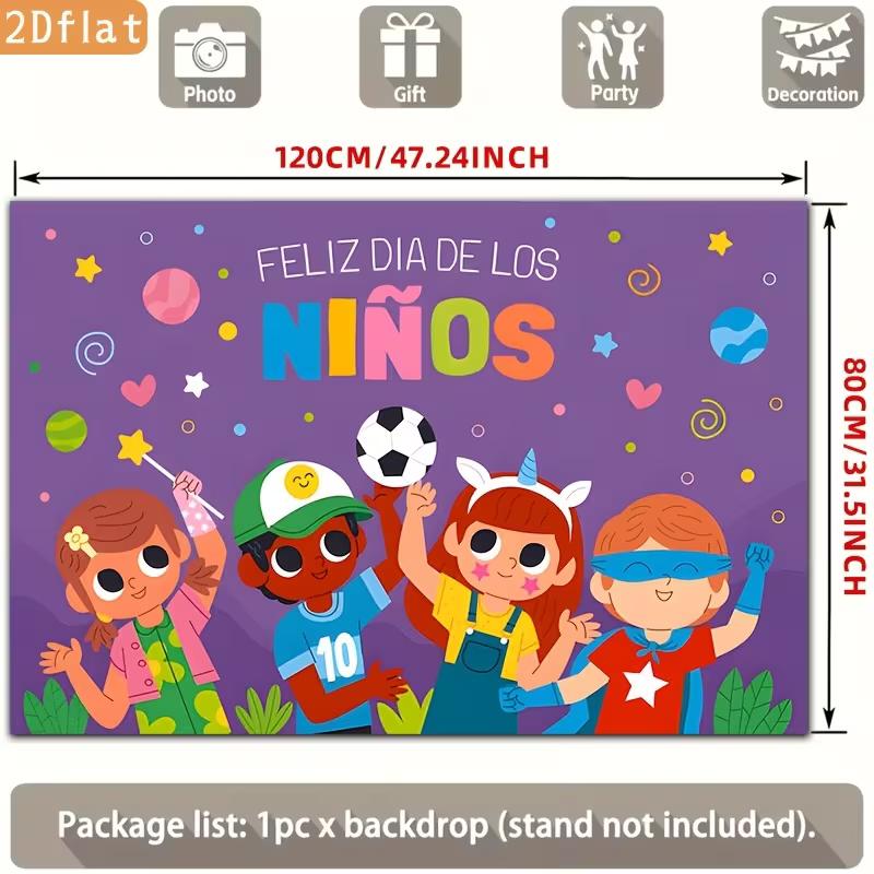 2D Feliz Dia De Los Ninos Backdrop, Happy Children's Day Cartoon Kids Photography Background Banner