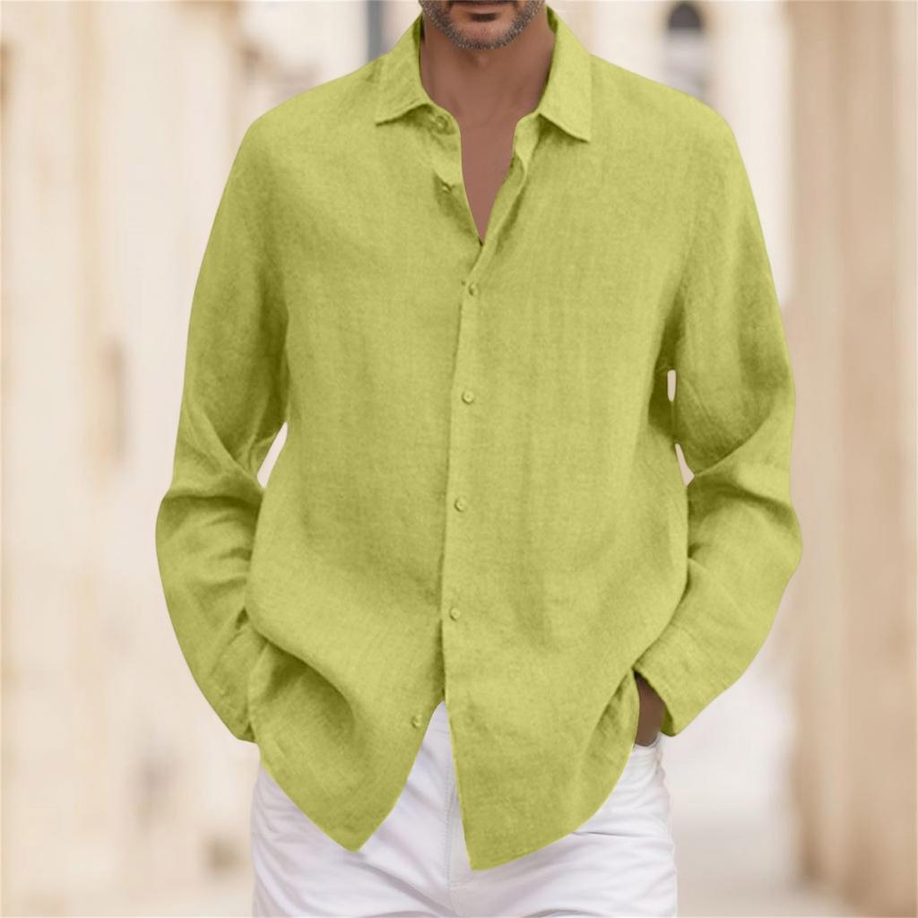 A Man In A Four-season Cotton And Linen Long-sleeved, Lapel, Loose Button Cotton And Linen Cardigan Shirt
