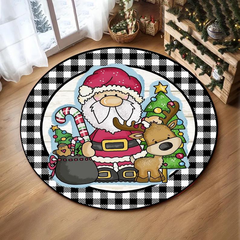 Christmas Ornaments Round Rug Merry Christmas Santa Rudolph Riding Home Mat Living Room Decor Sofa Rug Festival Event Carpet