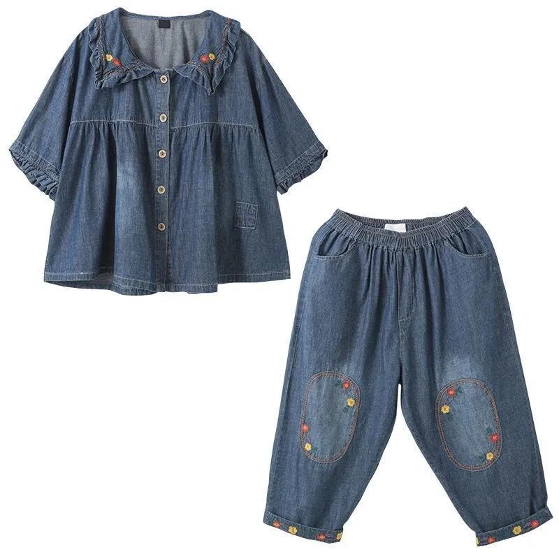 Джинсовый комплект, женский летний свободный и тонкий новый повседневный комплект из двух предметов с винтажной вышивкой Tide