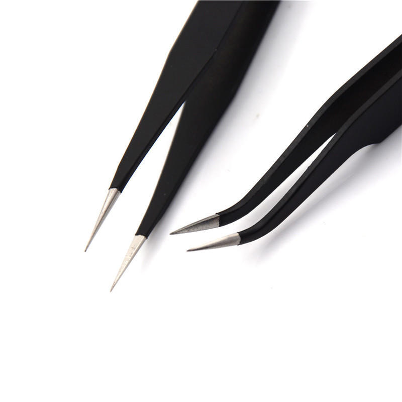 2Pcs/Set Black Anti-Static Straight Curved Tweezers Tools