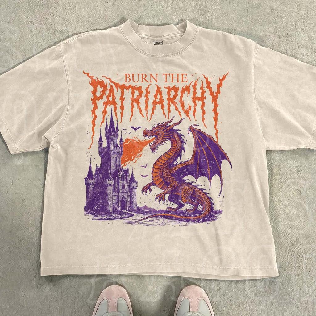 Burn The Patriarchy Shirt Feminist Dragon Tee Gothic Castle Fantasy Dark Academia Graphic T-shirt For Women Edgy Goth Grunge Apparel