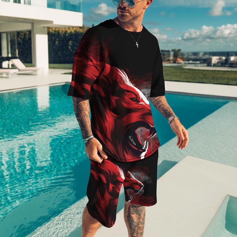 Summer Men's Suit 3D Printing Cool Street Oversized T-Shirt Brave Liger Sportswear Domineering Fitness Sports Pants 2-Piece Set