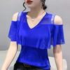 Модные новые летние футболки с коротким рукавом и оборками с V-образным вырезом, женские топы, футболки, футболки J381