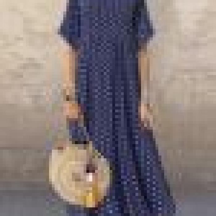 2025 Платье в горошек Лето Новое Круглый вырез Короткий рукав Большая юбка-солнце Свободное Приталенное Длинная юбка Женская одежда