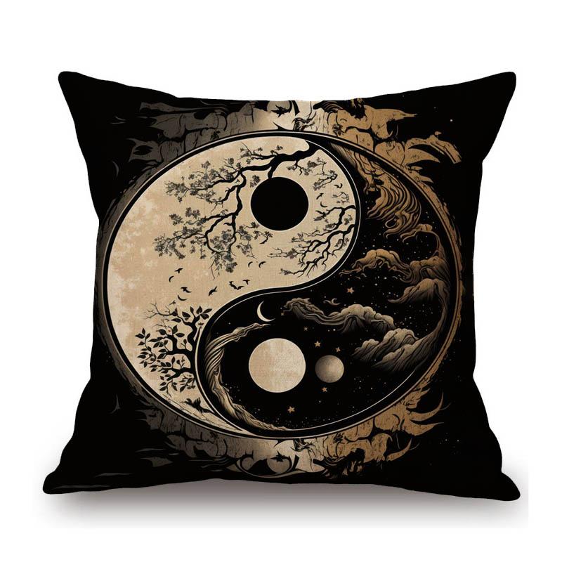 Nature Cycle Cosmic Harmony Yin Yang Five Elements Home Decoration Art Sofa Throw Pillow Case Cotton Linen Asian Cushion Cover