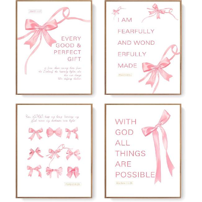Coquette wall decor teen girl room pink bow wall art decor poster pirational Bible Verses Bow Wall Deco 10x8 inches 4pcs (unframed)