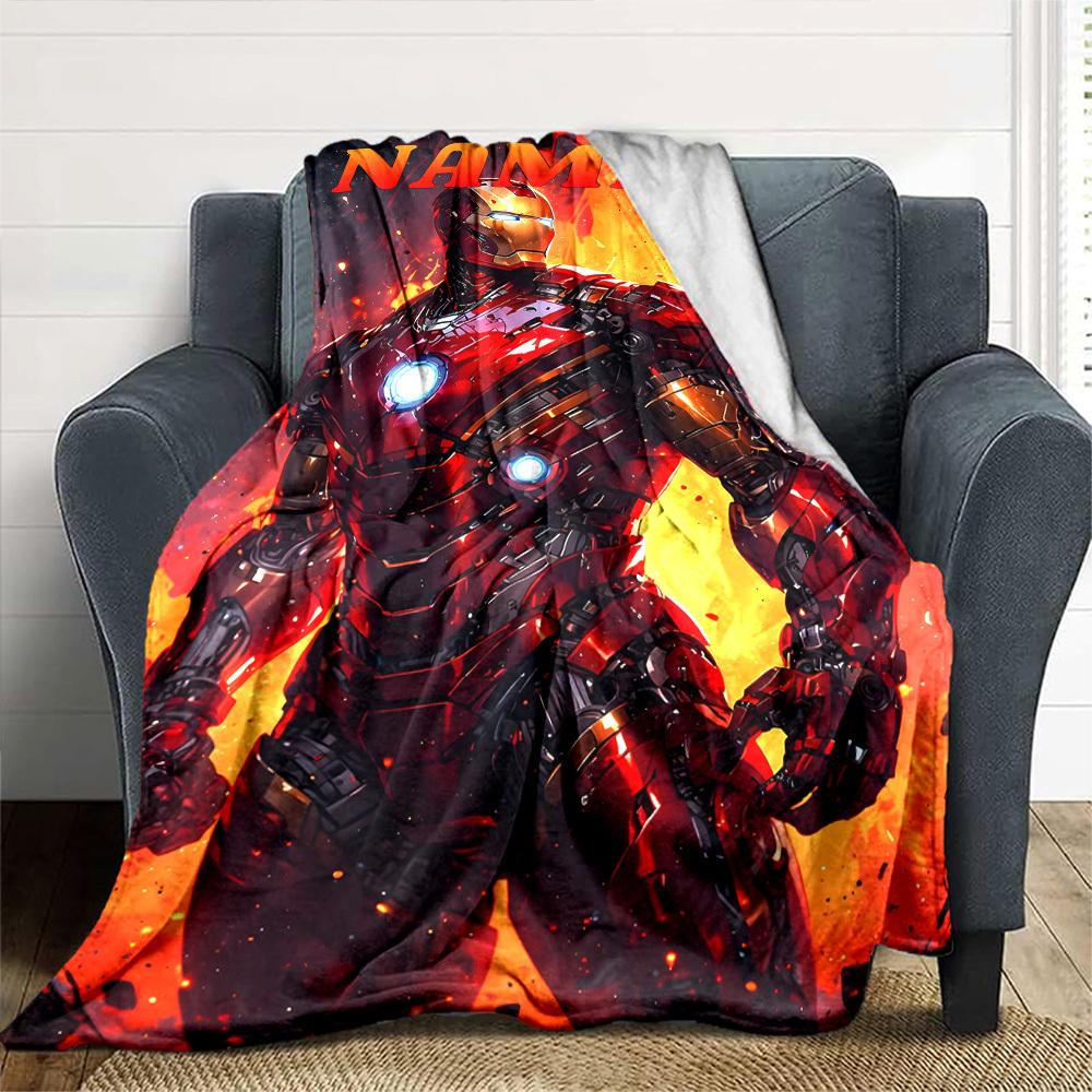 Iron Man In Dynamic Pose With Glowing Arc Reactor And Fiery Background Multipurpose Customizable Blanket Personalized Text Soft Cozy For Sofa Couch