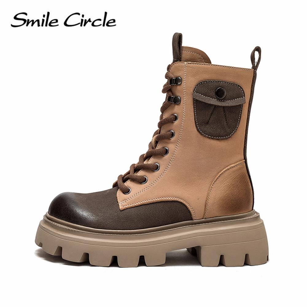 Женские ботинки из натуральной кожи на массивном каблуке, цветные сапоги с высоким берцем и толстой подошвой, модные повседневные женские мотоциклетные ботинки