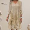 Summer Women Dress V Neck Hollow Out Lace Buttons Three Quarter Sleeves Embroidery Solid Color Loose Knee Length Retro Midi Dress