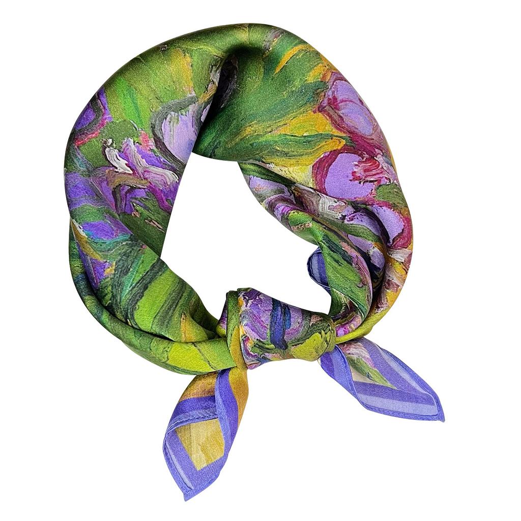 Green oil painting iris silk scarf new mulberry silk flower small square scarf high-end decorative scarf temperament shawl