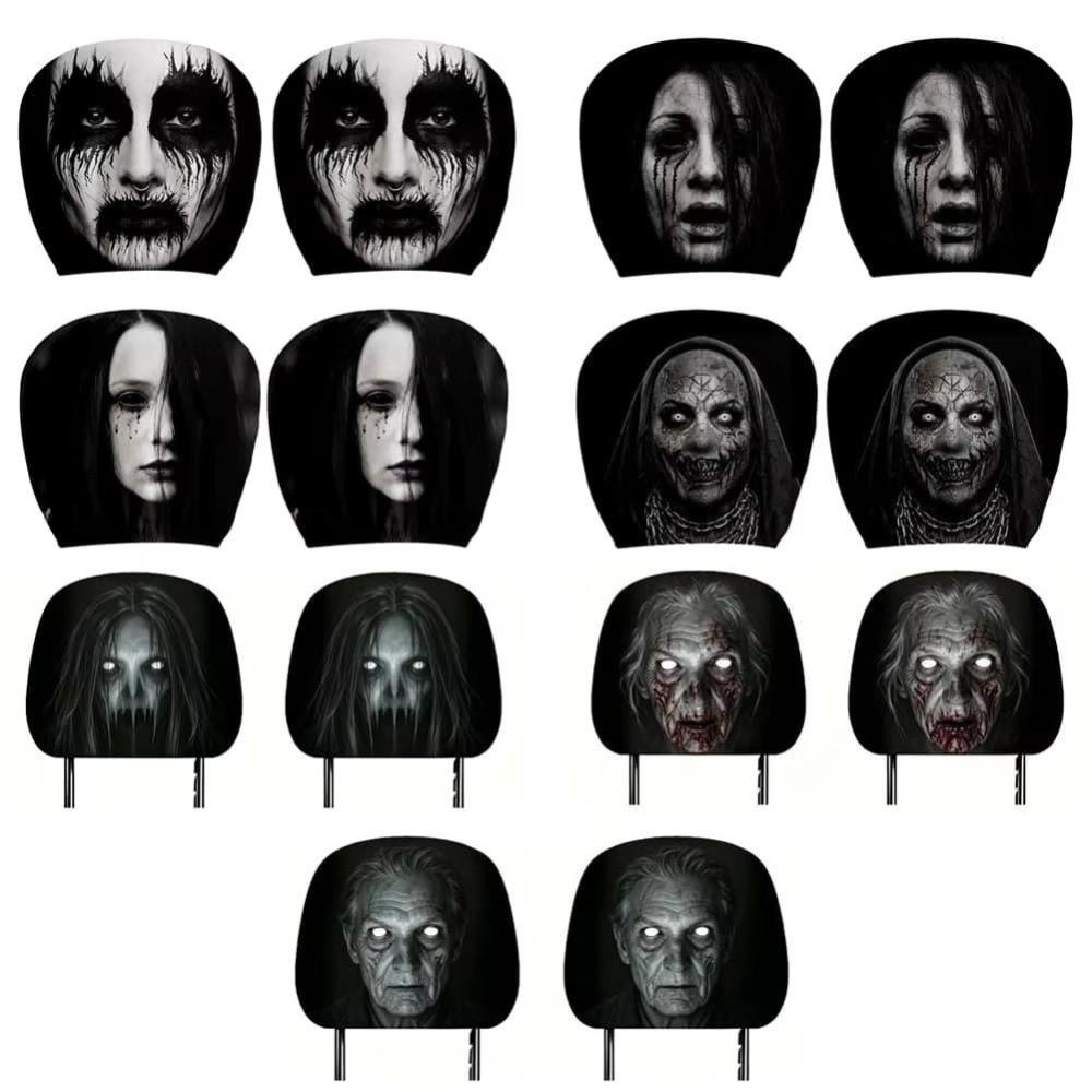 2Pcs Black Car Headrest Cover Scary Face Printing Car Headrest Protector Car Seat Cover  Halloween