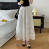 Korean Chic Spring Summer Women Midi Skirt Elastic Waist Black White Floral Embroidery Hollow Out Skirt Elegant Feminine Party Fairy Skirts