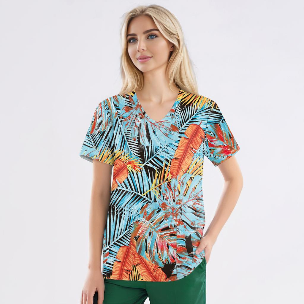 Рабочая форма больших размеров с принтом, топы для женщин, забавные футболки с v-образным вырезом и короткими рукавами, рабочая одежда, футболка с карманами