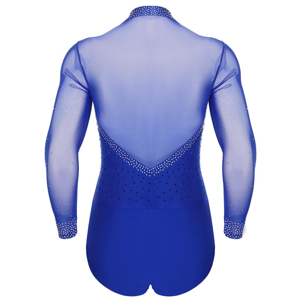 Mens Latin Dance Leotard Lapel Collar Sheer Mesh Patchwork Long Sleeve Sparkly Rhinestone Bodysuit Tango Costume