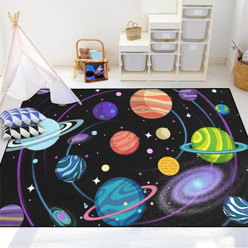 Space Rug - Space Rug for Boys Room Cartoon Solar System Carpet Educational Learning Carpet for Playroom Planet Themed Mat