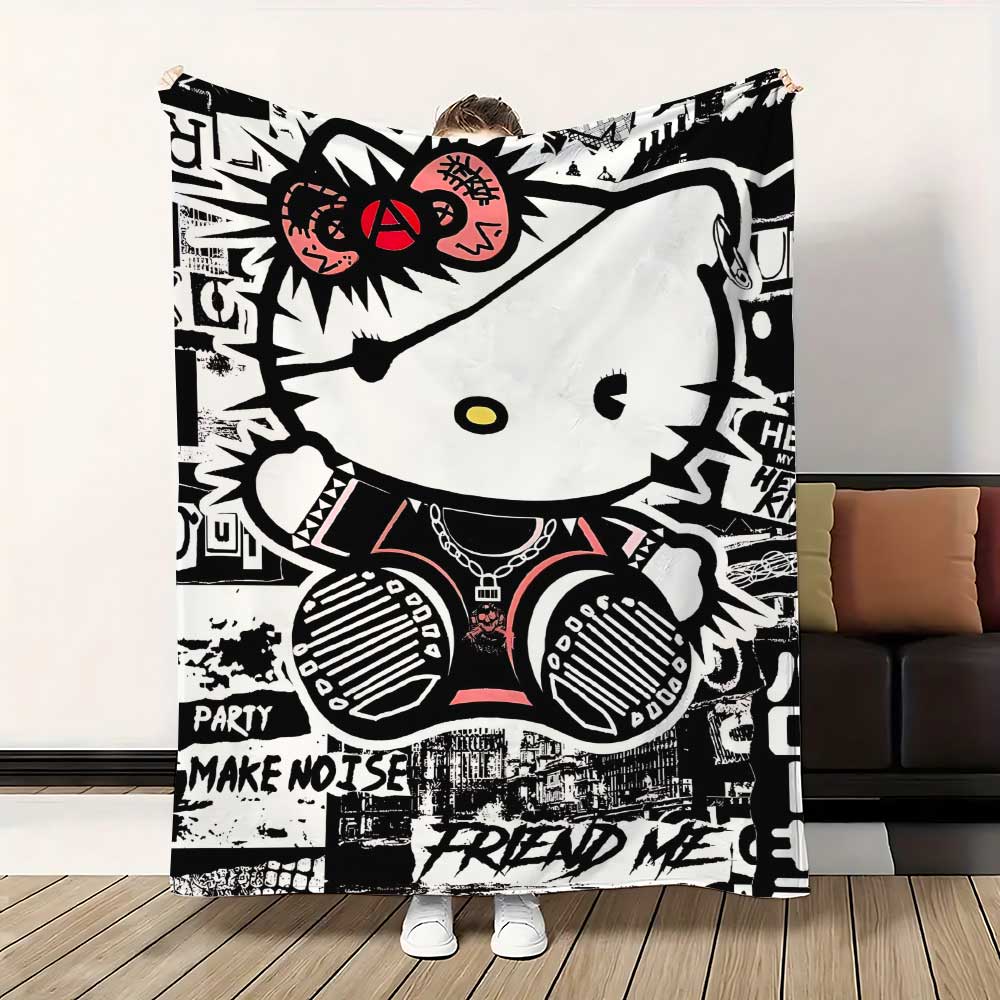 Kawaii Cat Hellos Warm Blanket Throw Furry Winter Blankets for Adults Microfiber Bedding Home Interior Fluffy Plaid Sofa Knee &