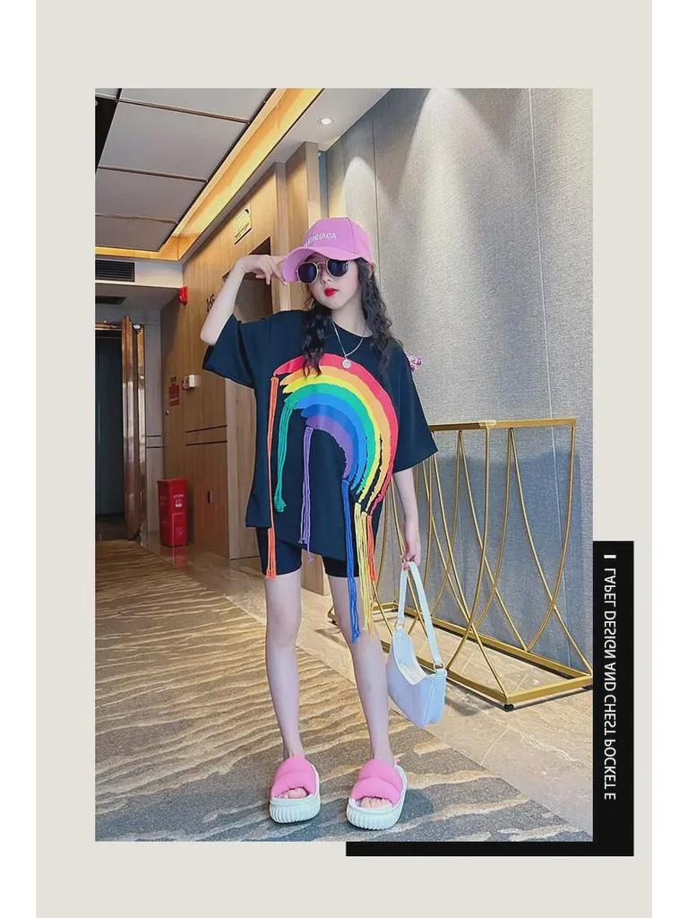 Girls' Hip-Hop Rainbow Braids Short-Sleeve Street Dance T-Shirt