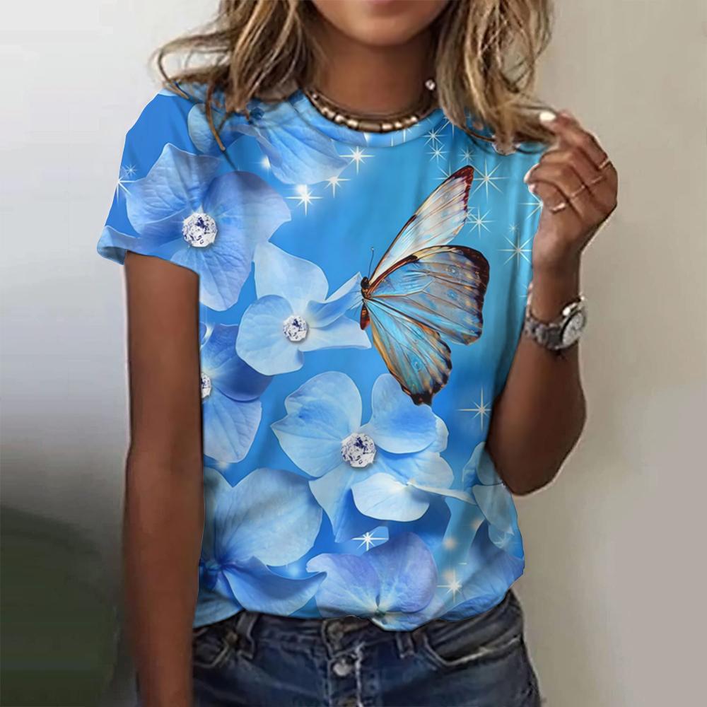 2024 Fashion Woman T Shirt 3d Butterfly Print Crew Neck Short Sleeve Tee Luxury Female T-Shirts Oversized Y2k Clothing For Girls