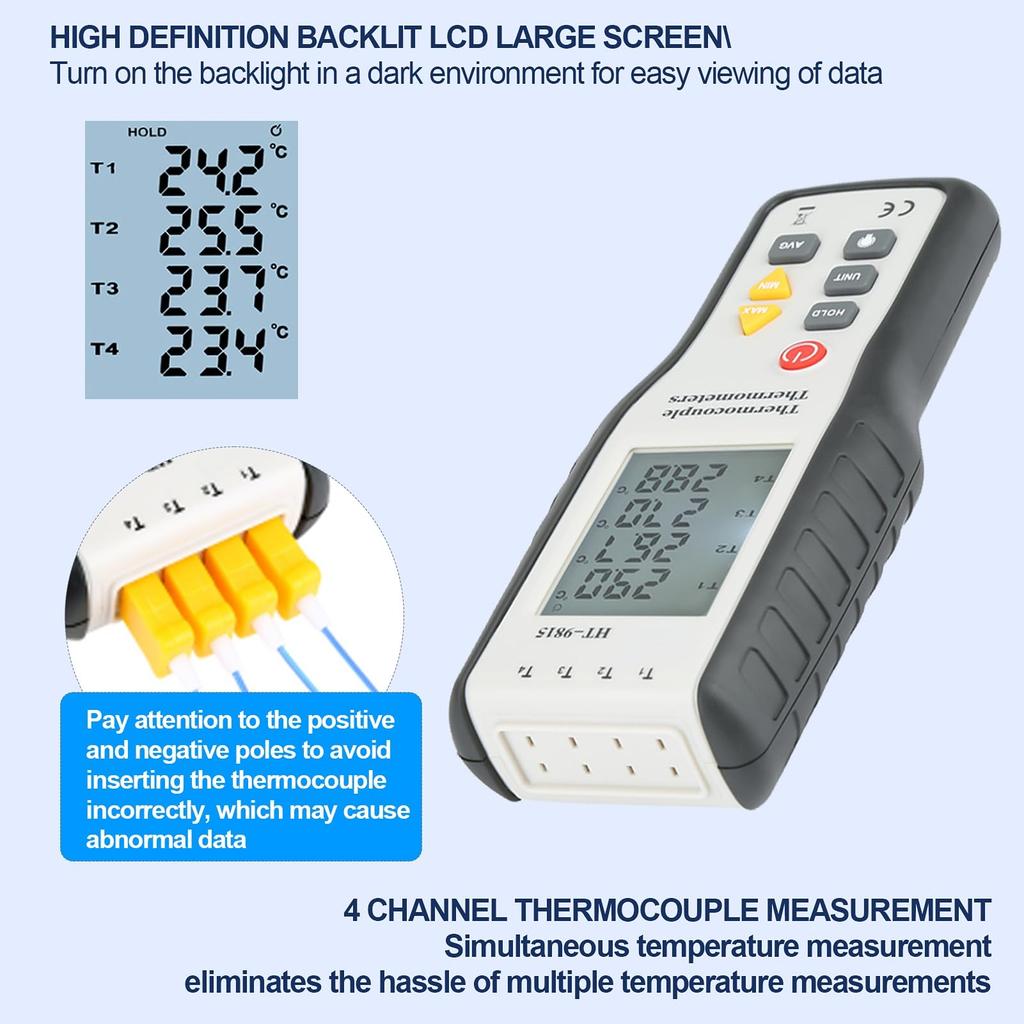 Thermocouple Thermometer 4 Channel K Type LCD Digital Thermometer Thermometer Tester with Storage Case Measuring Range Temperature Data Logger HT-9815