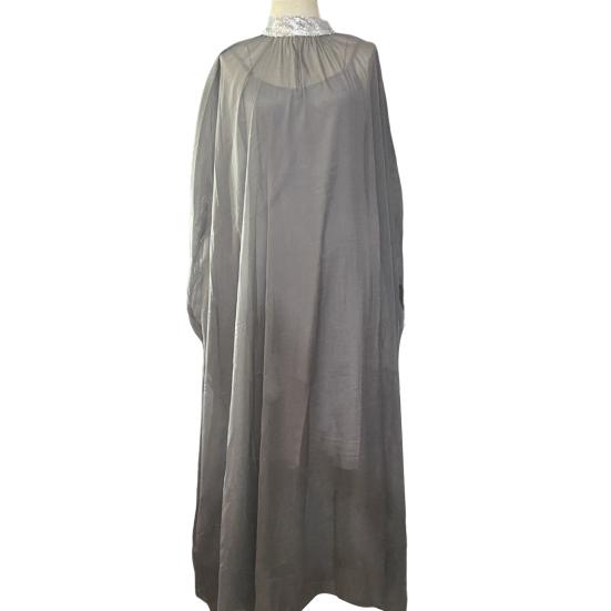 Women Evening Dress Shiny Sequin Half High Collar Big Hem Thin See-through Mesh Bat Sleeves Solid Color Oversized Big Hem Party Prom Maxi Dress