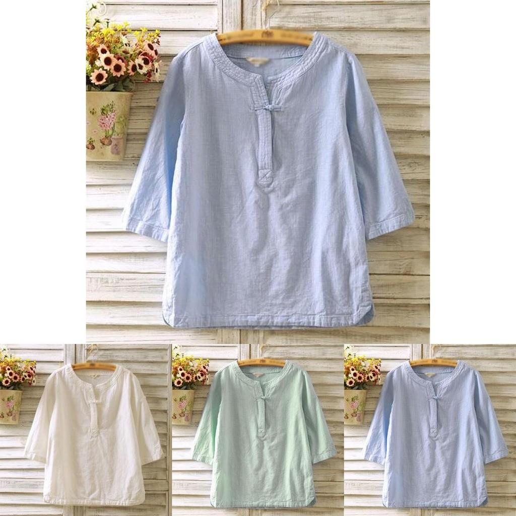 Elegant Women Vintage Cotton Linen Blouse With Flax Loose 3/4 Sleeve Tunic