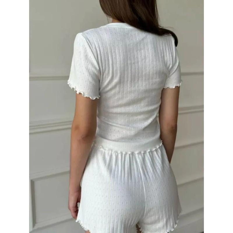 Модный женский повседневный комплект из двух предметов 2025 года, европейский и американский стиль, утягивающий, с жаккардовым узором, отделкой рюшами, топом с круглым вырезом и короткими рукавами, и шортами