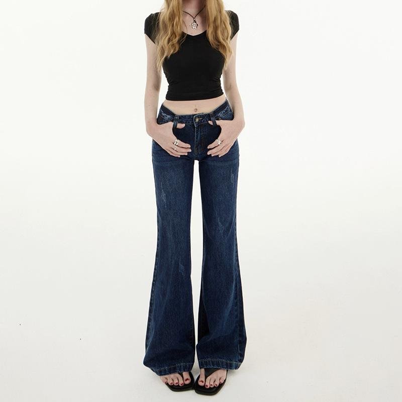Spice Girl dark blue low-rise slightly pulled jeans women's spring and autumn new loose and thin wide-leg horseshoe flared pants