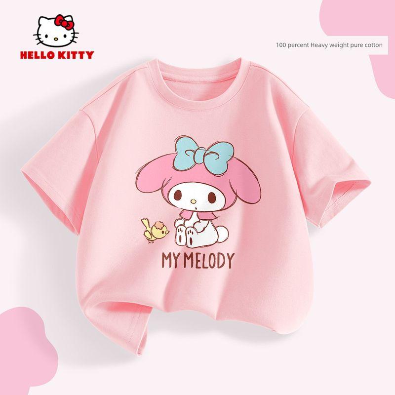 Hello Kitty Girls' Short-Sleeved T-Shirt Summer Pink Children's Base Shirt Pure Cotton Heavyweight Girls' Summer Top
