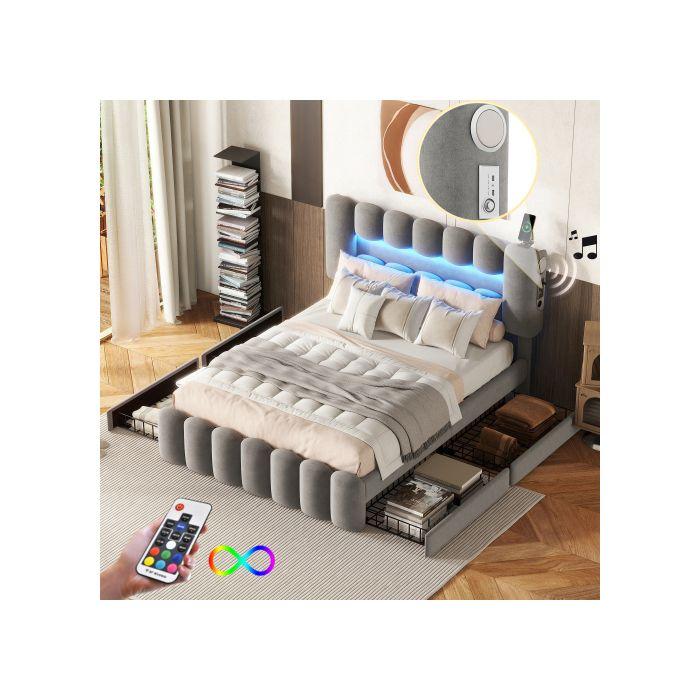 Lit rembourré - MUVOE - 140x200 cm - 4 tiroirs - USB - LED stéréo - Gris