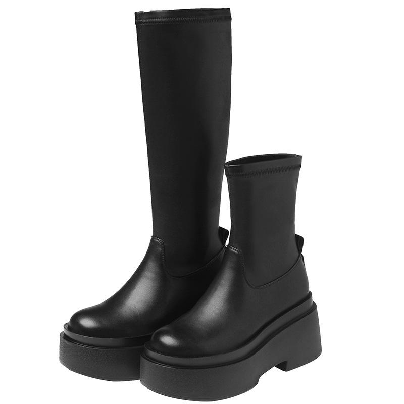 2024 новые завышенные сапоги на толстой подошве, эластичные тонкие сапоги, но высокие сапоги-рыцари, сапоги Spice Girls на высоком каблуке