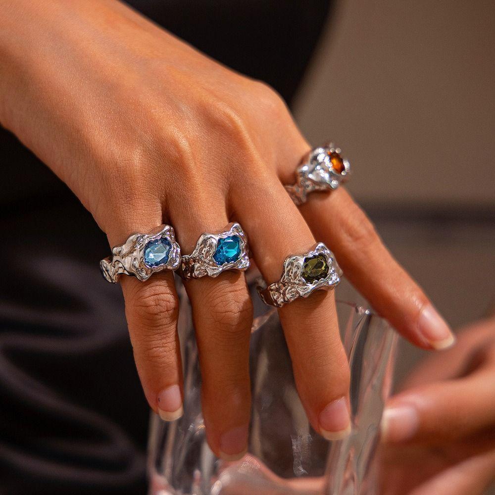 4 pcs Crystal Bracelets Zircon Pleated Open Ring Colorful Vintage Ring Set Girls