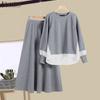 Women Vintage Round Neck Fake Two Piece Long Sleeve Blouse Pants Sets
