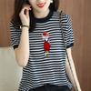 Striped Embroidered Round Neck Mercerated Cotton T-shirt for Women's Summer Cotton Thread Contrast Knitted Sweater Short-sleeved Top