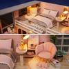 Miniature Pink Dream House Dollhouse With Furniture Kits Wooden Dolls House LED Lights Accessories