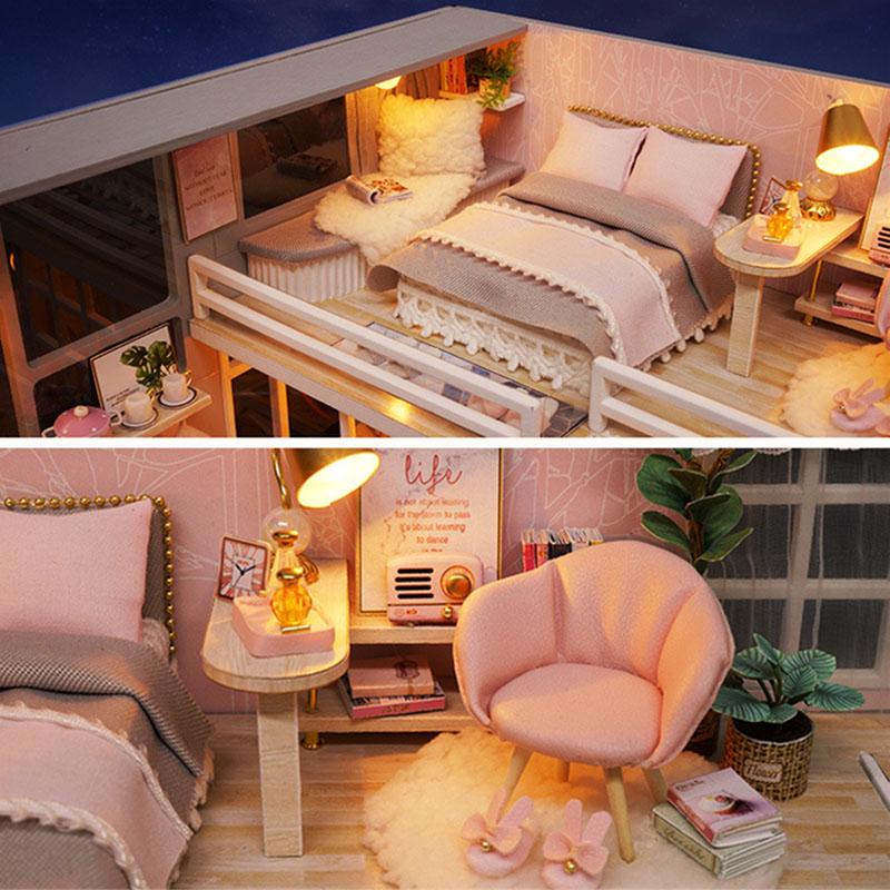Miniature Pink Dream House Dollhouse With Furniture Kits Wooden Dolls House LED Lights Accessories