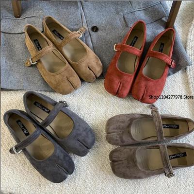 Мода 2025 Женские туфли на высоком каблуке 3 см, с раздельным носком, таби, однотонные, женские замшевые туфли, балетные туфли, удобные, ретро, Мэри Джейн