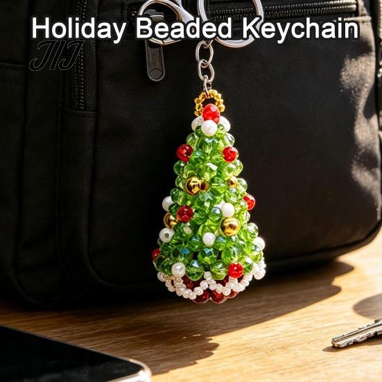 Decorative Handbag Charms Handmade Christmas Beaded Keychain, Xmas Tree Wreath Gift Box Bell Key Ring Santa Keyring, Backpack Hanging Decor for Party